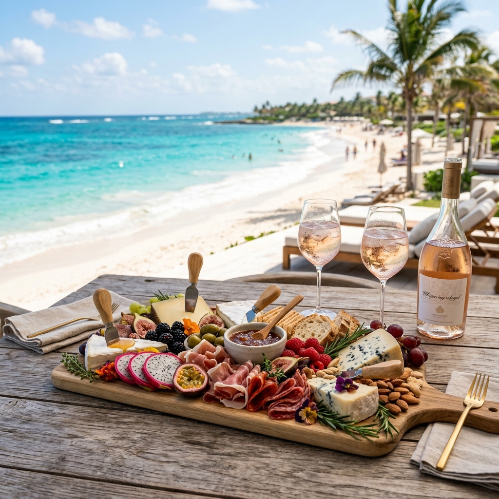 Elegante mesa de charcutería en la playa