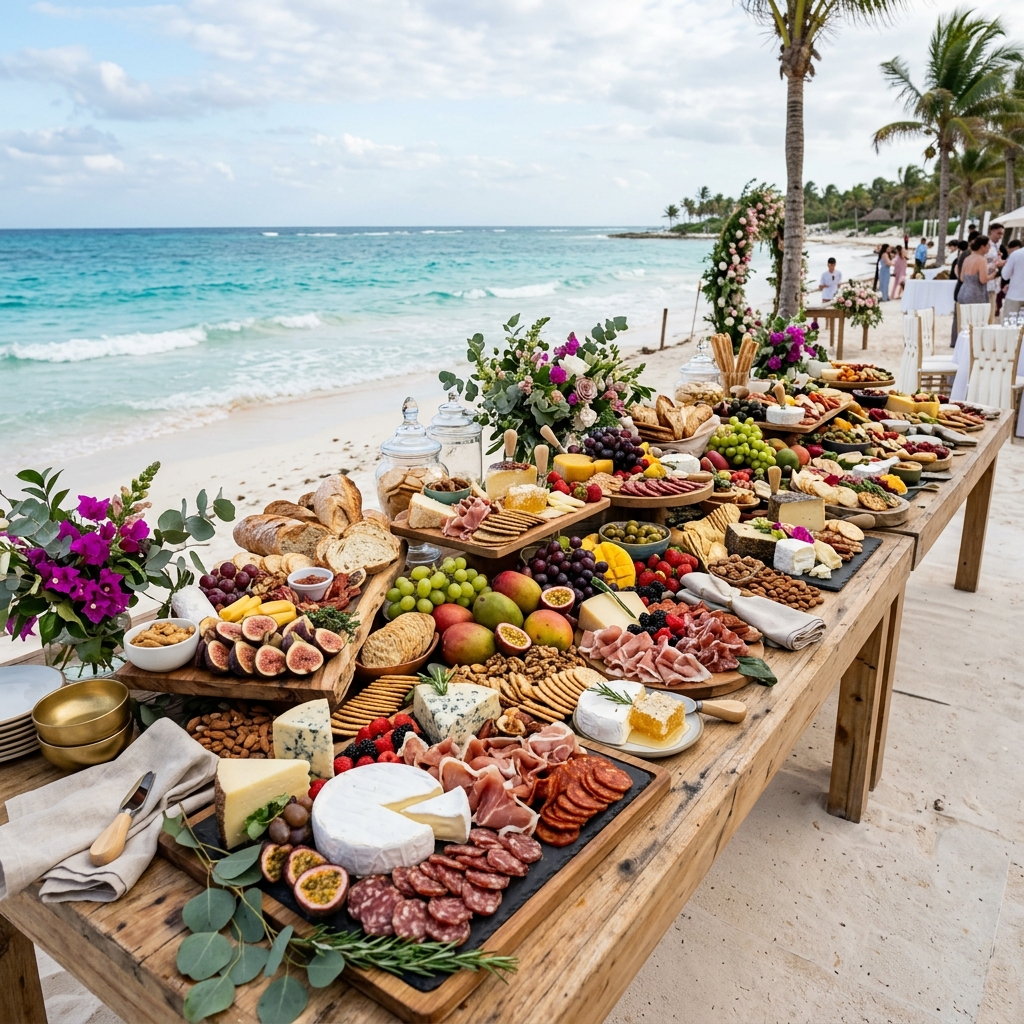 Mesa de quesos larga en la playa