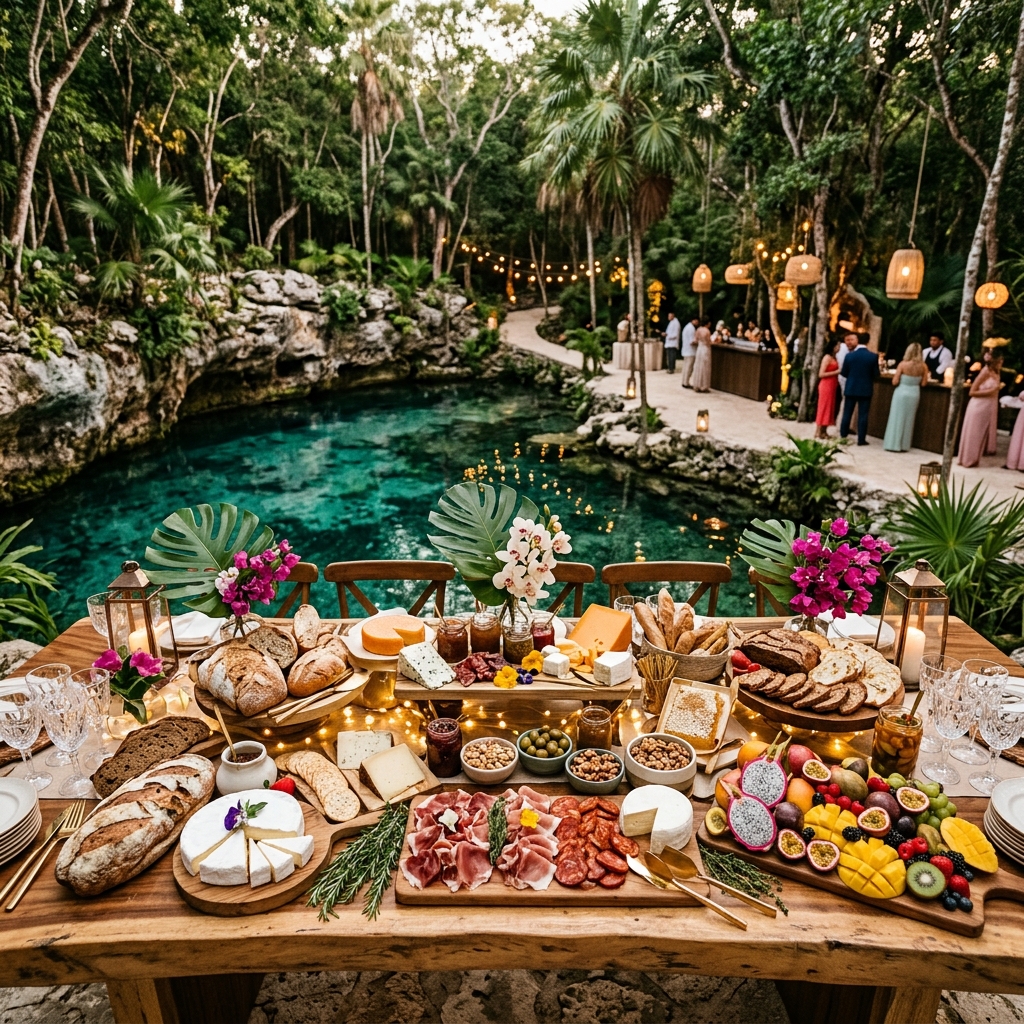 Mesa de quesos exótica en cenote